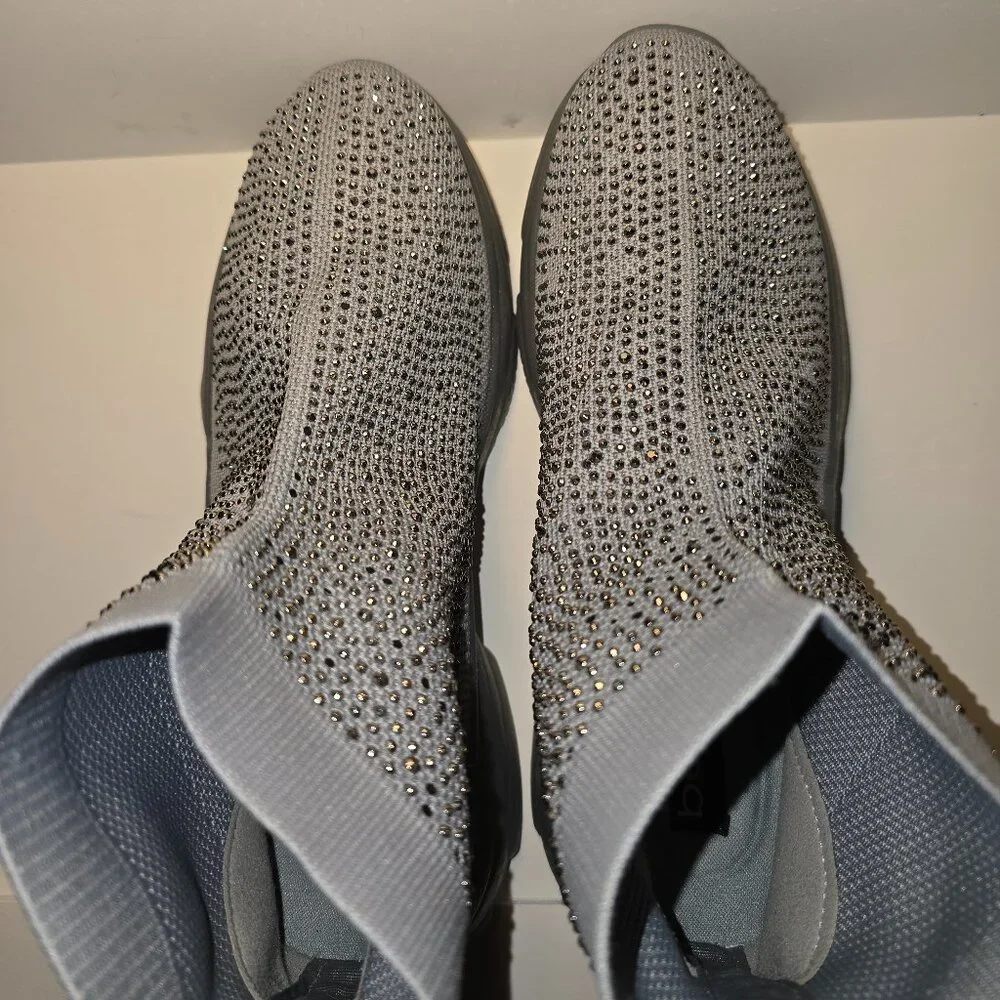 Bebe Rhinestone Sock Boots Womens 9 Gray Sparkly Platform Sneaker Boot Glam